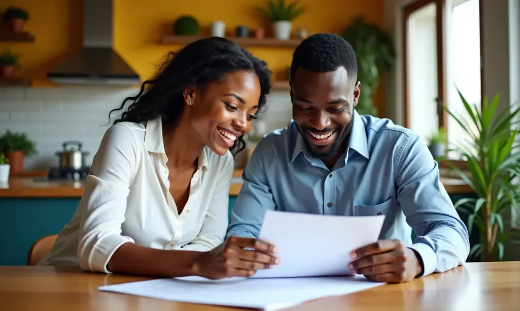 Casal analisando finanças para a chegada do bebê em cozinha colorida.