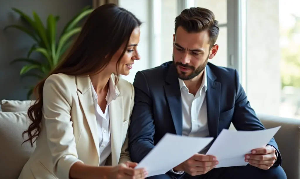 Separação Total de Bens: Proteção Máxima do Patrimônio Casal brasileiro analisando documentos de proteção de bens em apartamento moderno com decoração vibrante.