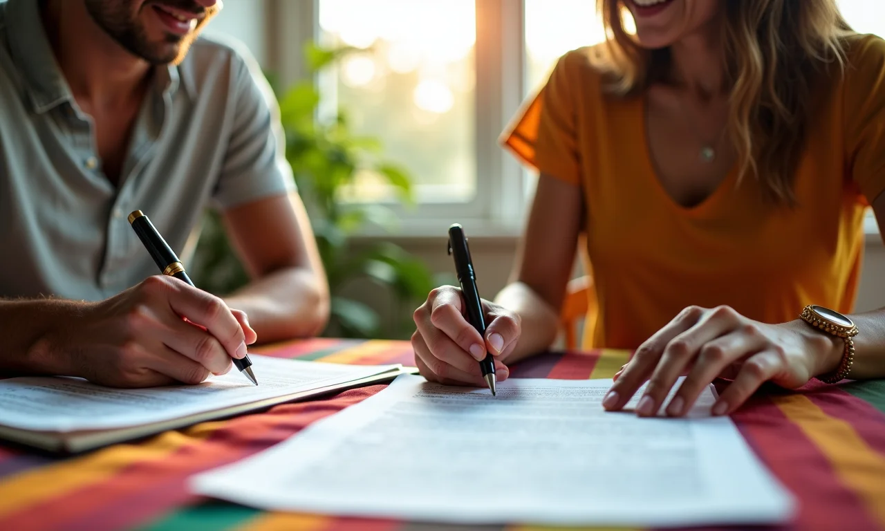 Casal brasileiro assinando papéis de divórcio consensual em ambiente amigável e colorido.