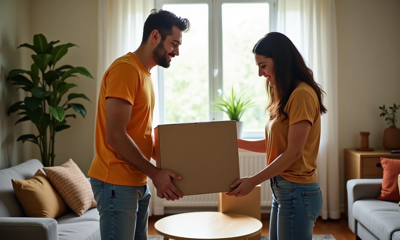 Casal brasileiro dividindo bens da casa durante divórcio, representando a partilha de bens.