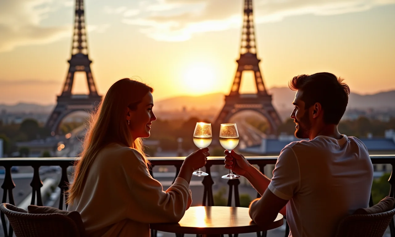 Casal brinda com taças de vinho em Paris, com seguro viagem internacional.