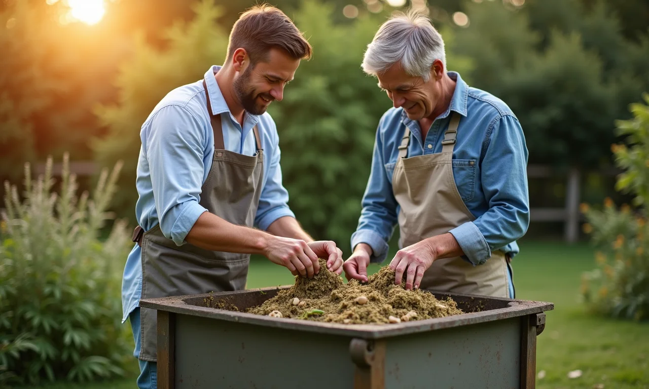 Casal compostando restos de cozinha em casa, demonstrando dicas práticas para um futuro sustentável.