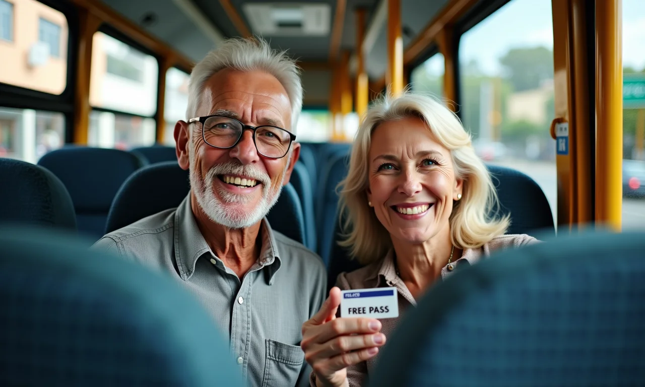 Casal de idosos embarcando em ônibus com passe livre.