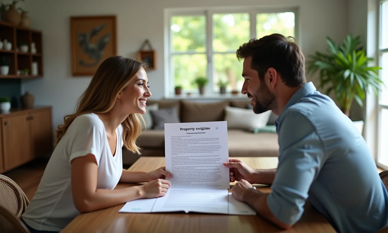 Casal discute regime de bens em mesa com decoração brasileira, influenciando a partilha da aposentadoria.