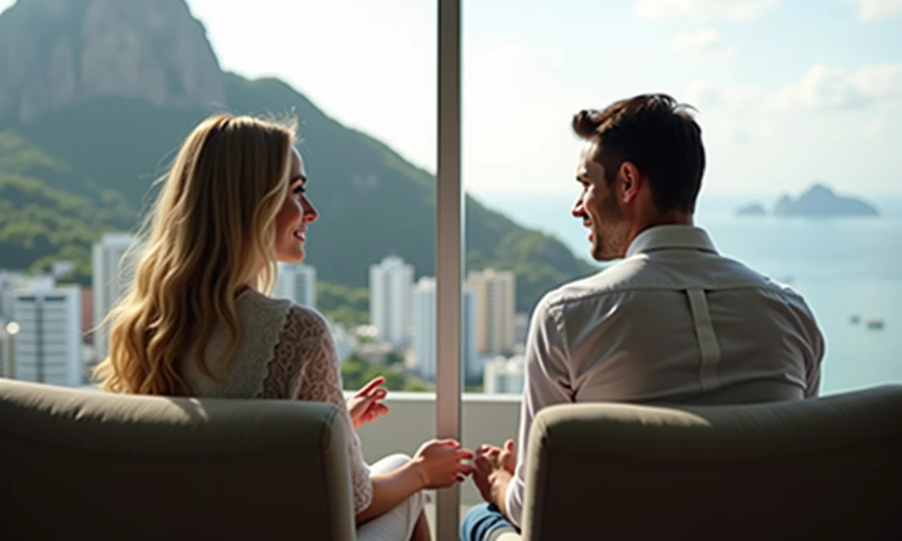 Casal discutindo herança e acordo pré-nupcial em apartamento com vista para o Rio de Janeiro.