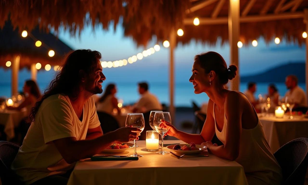 Casal jantando em restaurante romântico à beira-mar em São Miguel dos Milagres.