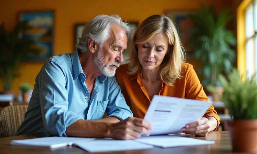 Aposentadoria e Divórcio: Como Fica a Partilha do Valor Casal maduro analisa documentos financeiros em ambiente aconchegante, refletindo sobre aposentadoria e divórcio.