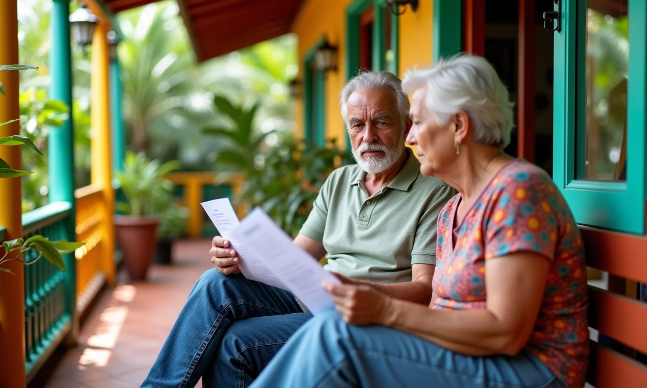 Casal maduro analisando documentos em varanda colorida, com expressão preocupada.