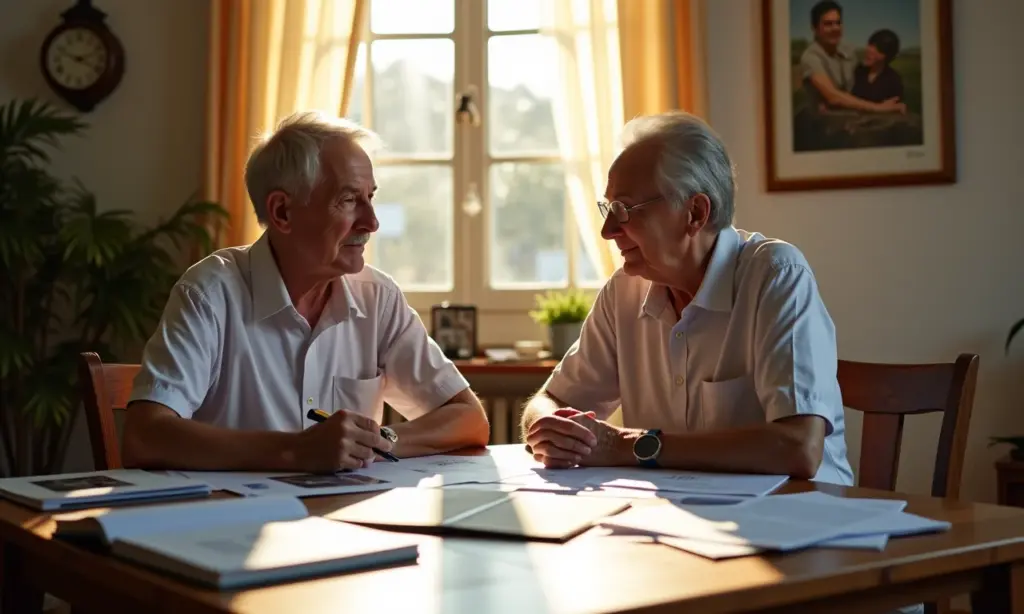 Casal maduro analisando documentos financeiros em mesa iluminada, simbolizando aposentadoria e divórcio.