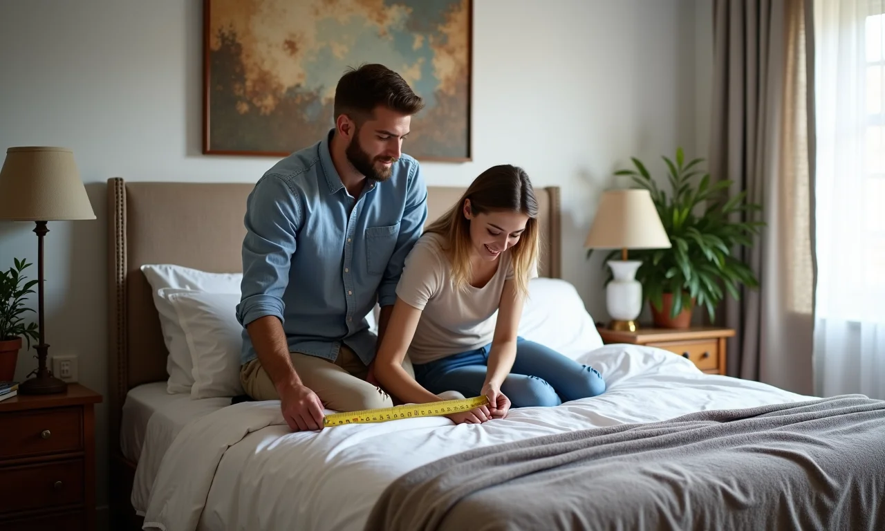 Casal medindo cama queen com fita métrica em quarto aconchegante.