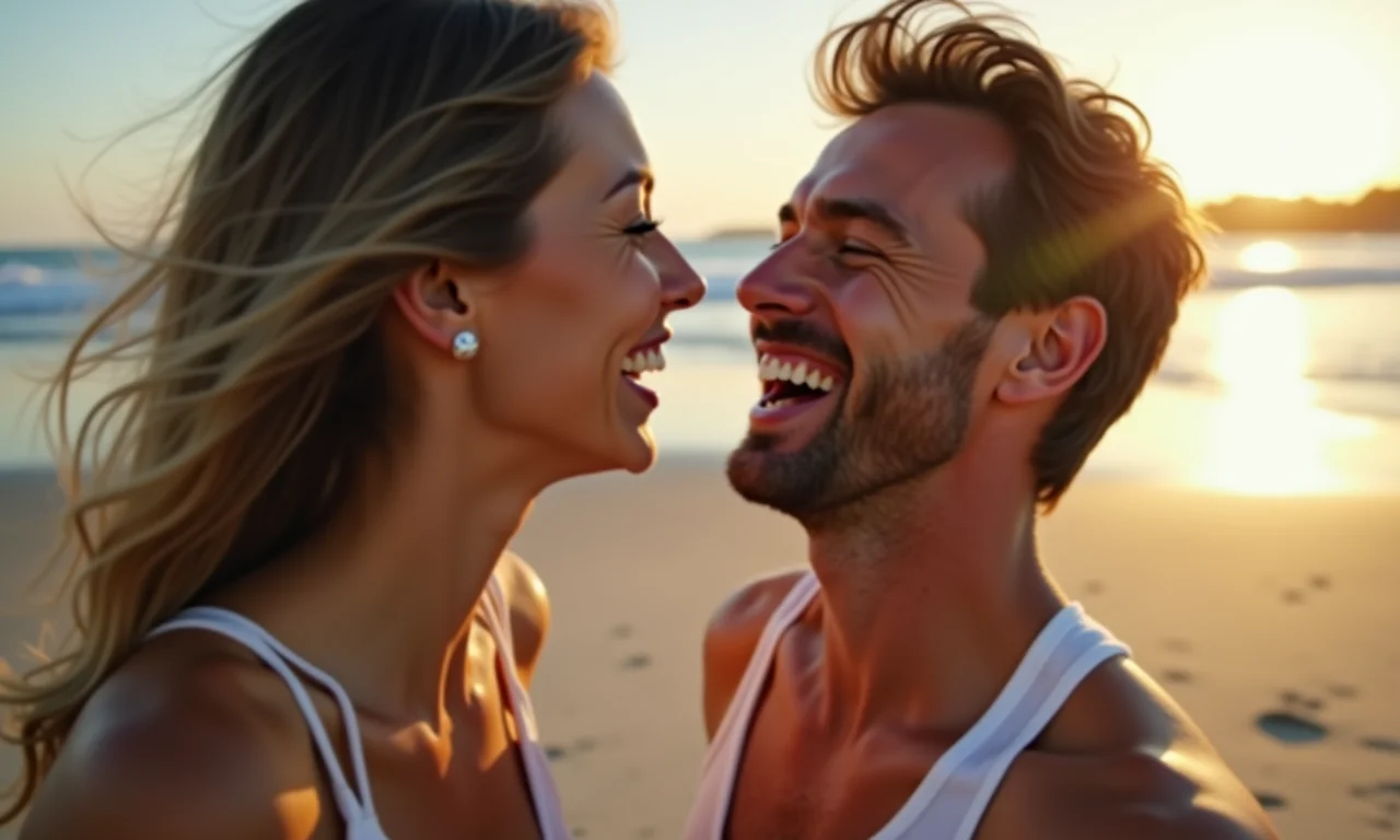 Casal sorrindo em praia de nudismo, mostrando alegria e conexão.