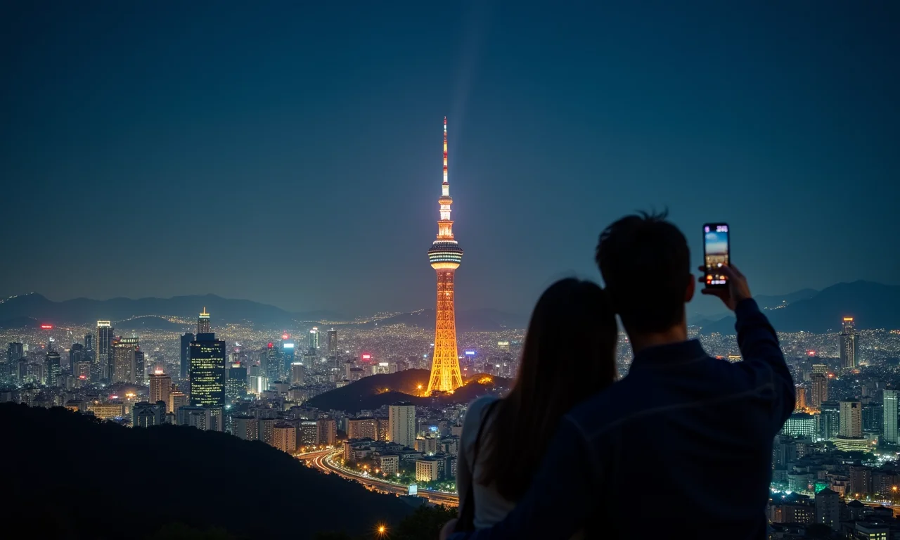 Casal tirando selfie na Torre N Seoul com a vista panorâmica da cidade.