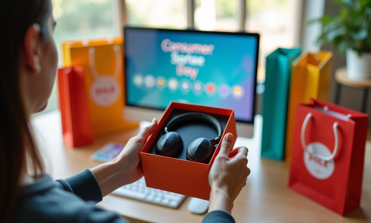 Celebrando o Dia do Consumidor com presente e compras.