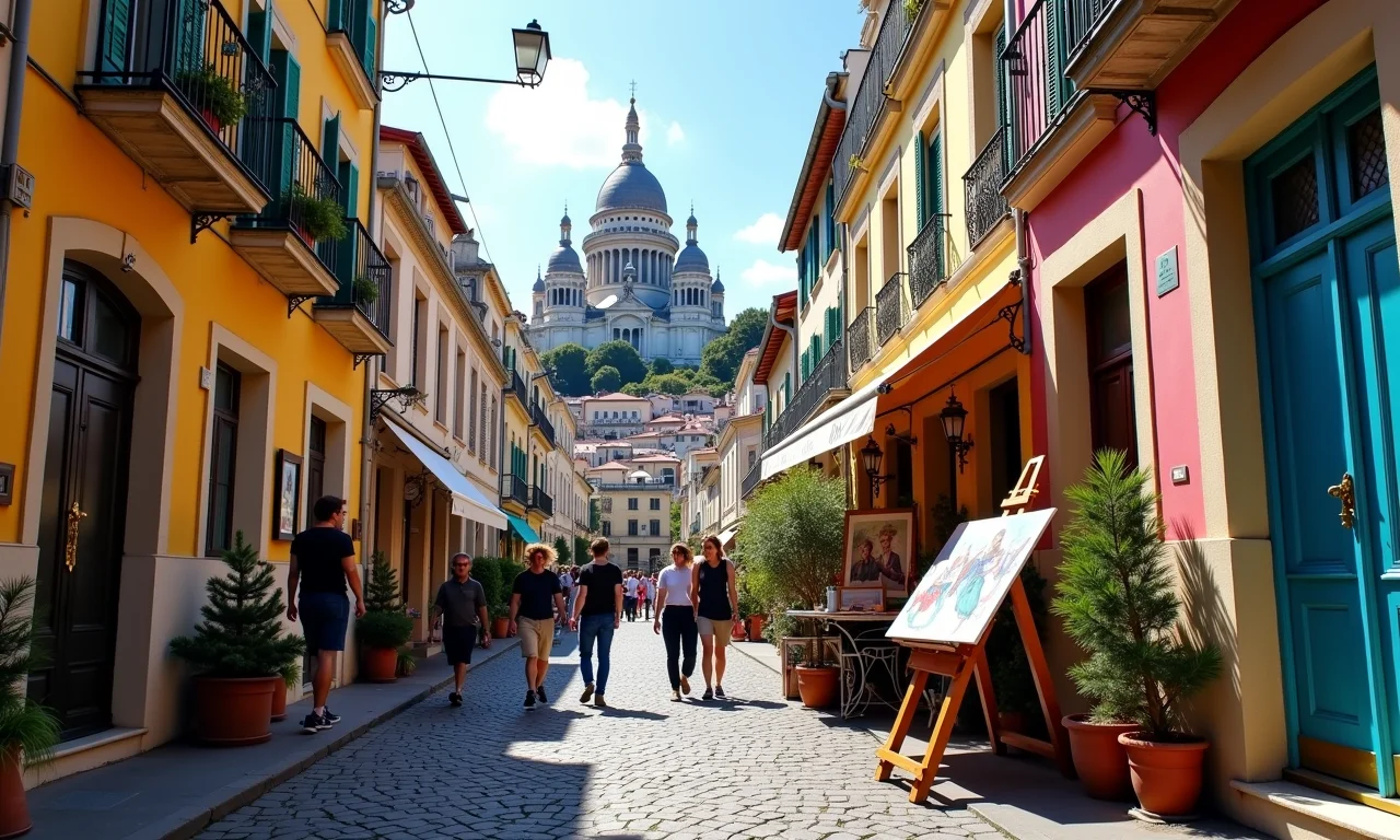 Cena de rua em Montmartre com um artista pintando e a Basílica de Sacré-Cœur ao fundo.