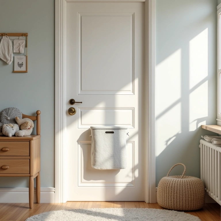 Cesto de roupa suja dobrável pendurado atrás da porta.