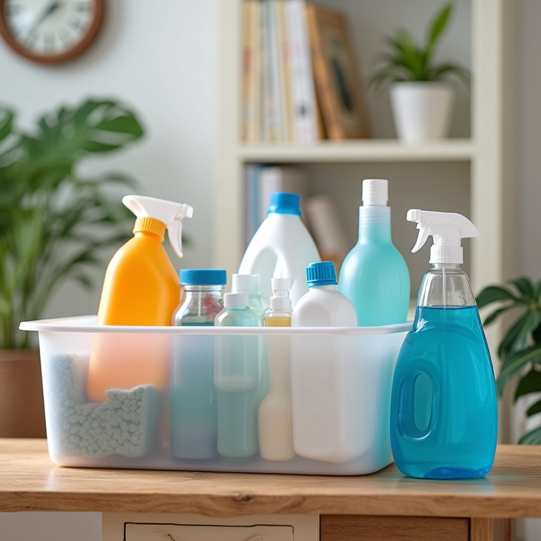 Cestos transparentes organizando materiais de limpeza.