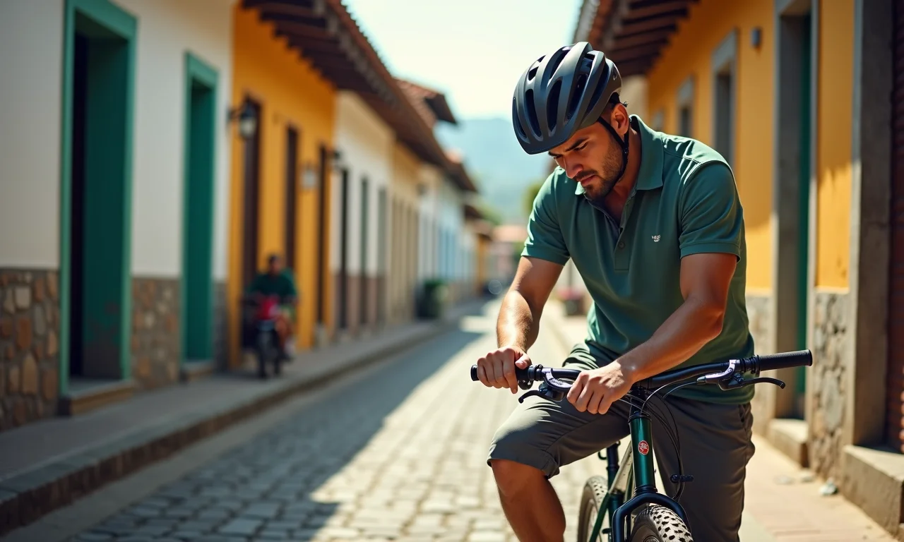Ciclista consertando bicicleta em rua tranquila, foco na sustentabilidade.