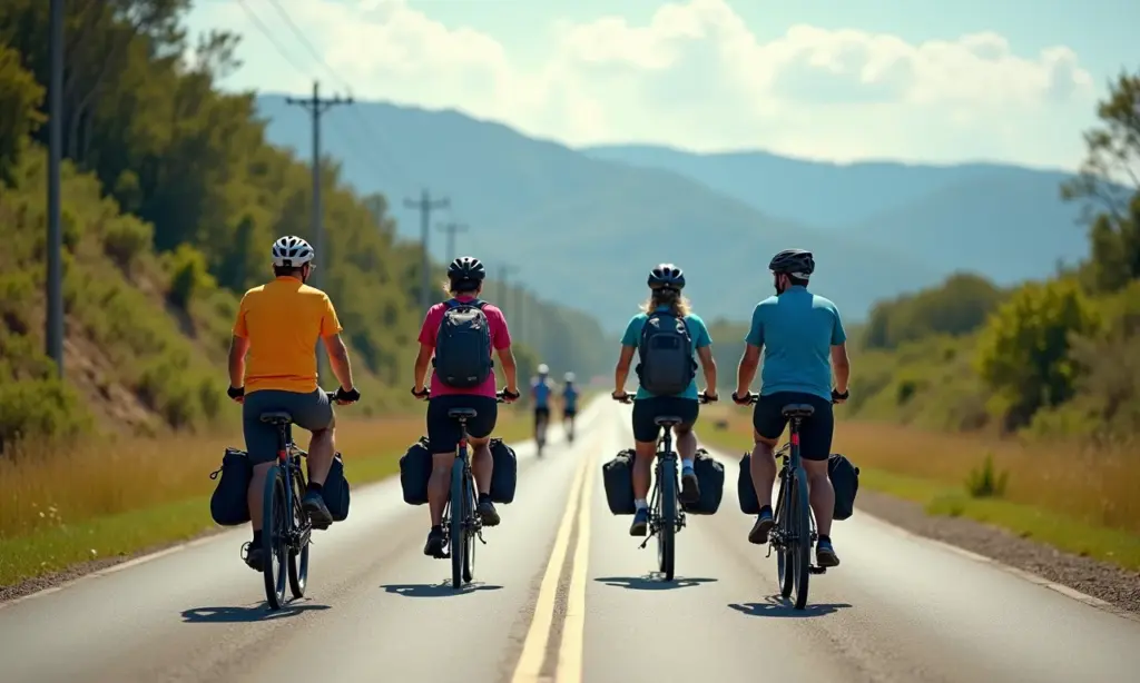 Viagem de Bike: Roteiros e Dicas Ciclistas aproveitando um dia ensolarado em uma estrada no Brasil.