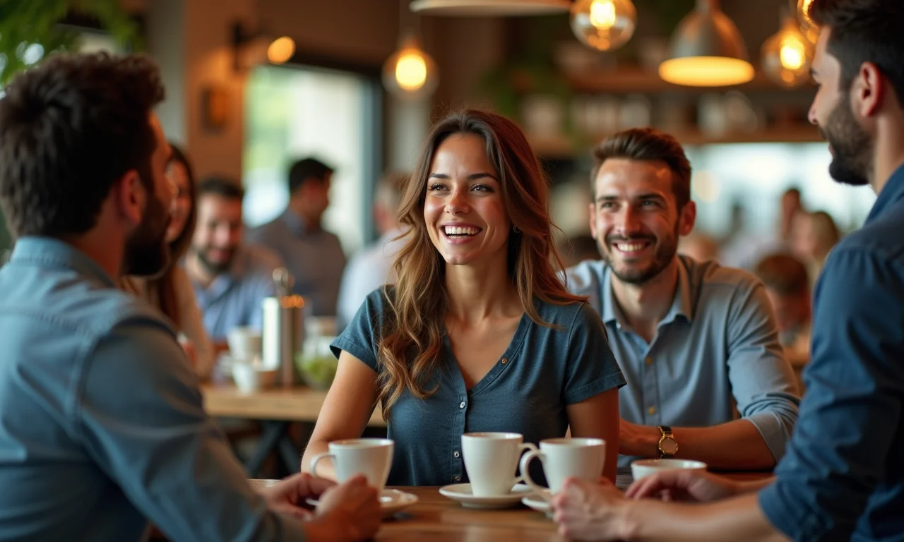 Cliente satisfeita em café vibrante, demonstrando fidelização à marca.