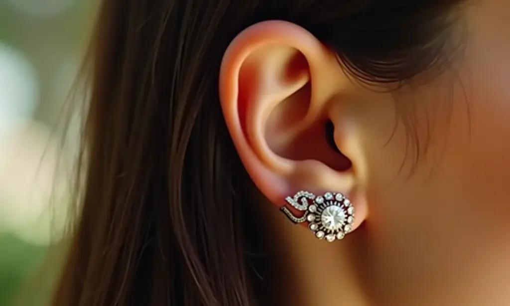 Close de uma orelha feminina com um ear cuff detalhado e elegante.