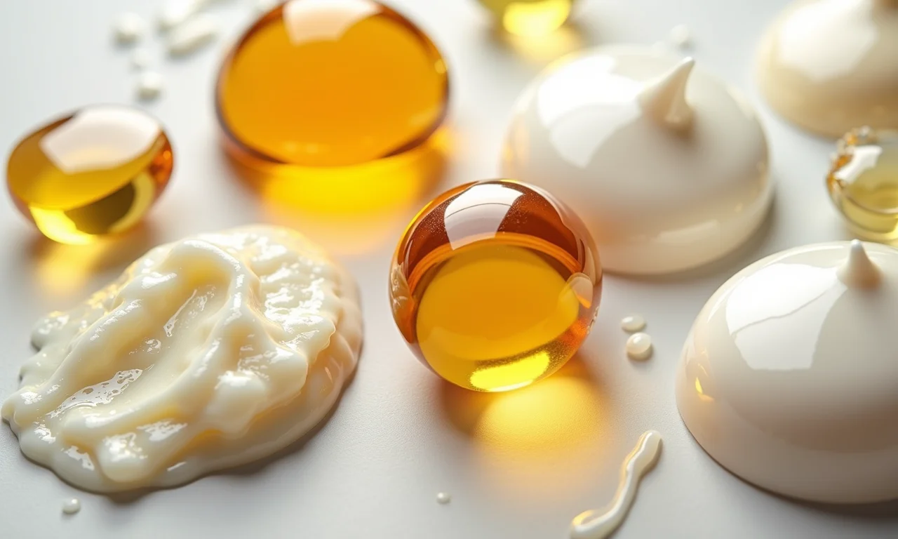 Close up de cremes e loções mostrando os ingredientes ativos e óleos.