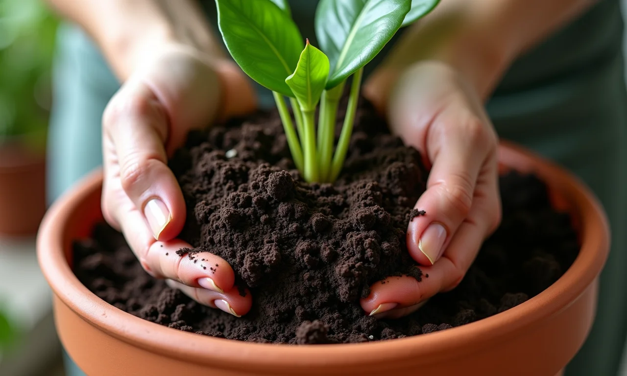 Close-up de substrato ideal para antúrio em vaso.