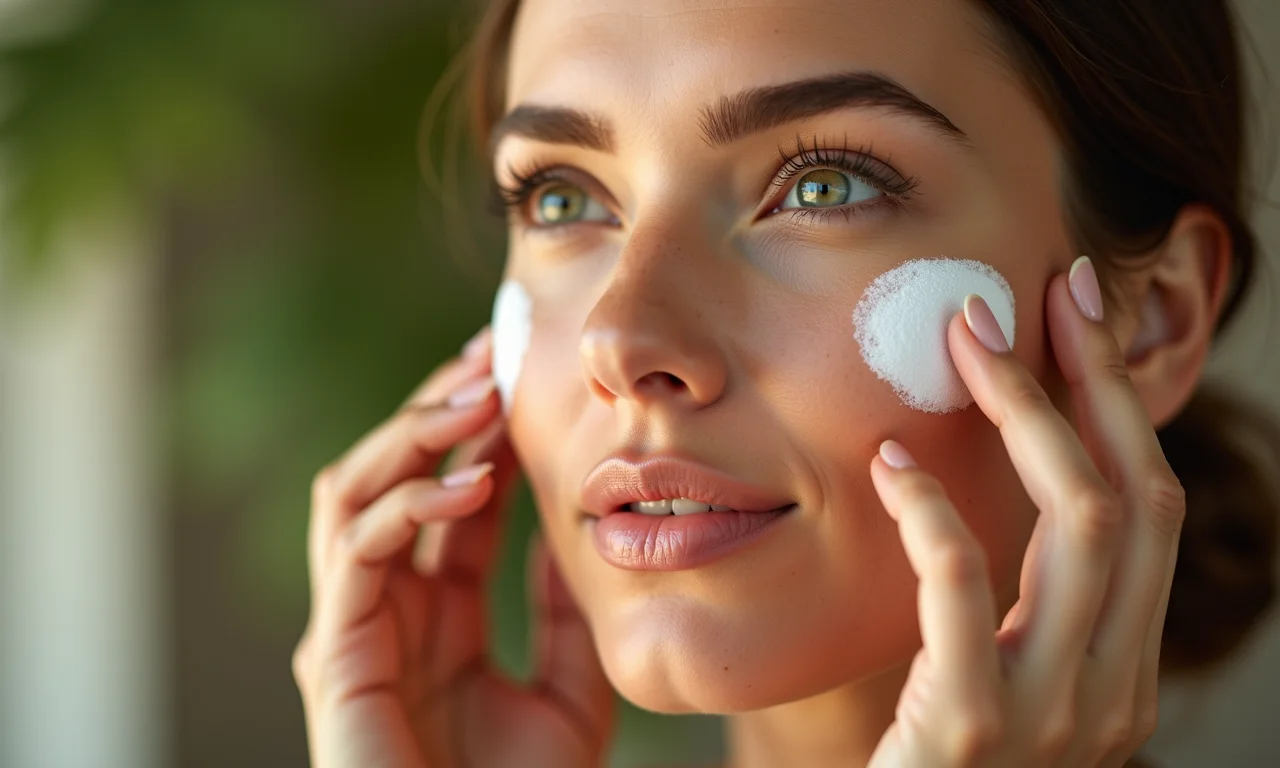 Close-up de uma mulher aplicando primer facial, com foco na textura e aplicação do produto.