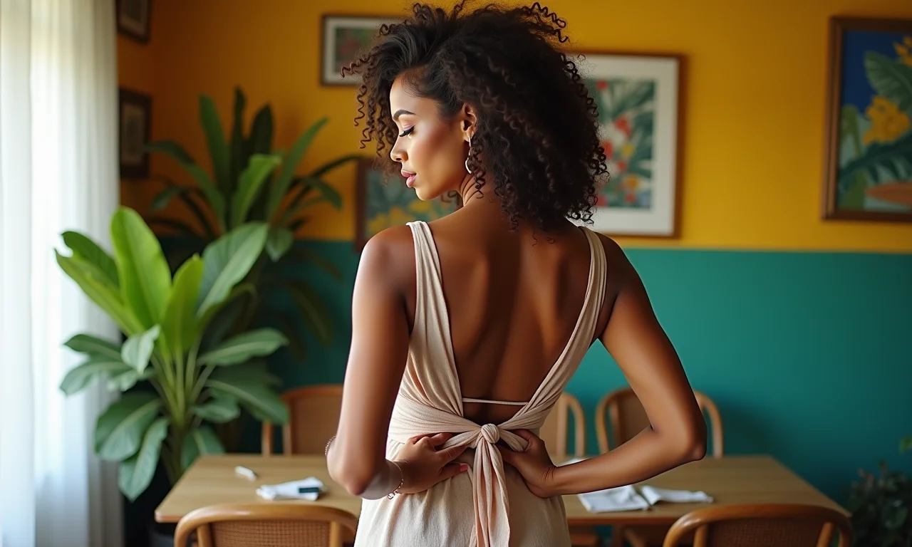 Close-up de uma mulher plus size ajustando o laço do vestido, realçando a cintura.