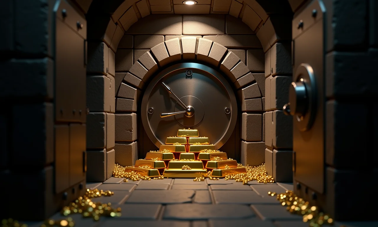 Cofre fortificado com barras de ouro, representando segurança em tempos de crise.