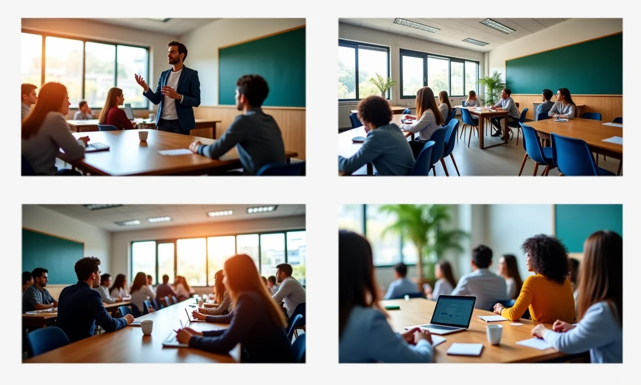 Colagem de diferentes modalidades de ensino no Brasil: sala de aula moderna, centro de treinamento vocacional e ensino à distância.