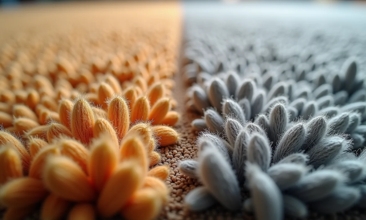 Comparação detalhada de fibras naturais e sintéticas de tapetes.