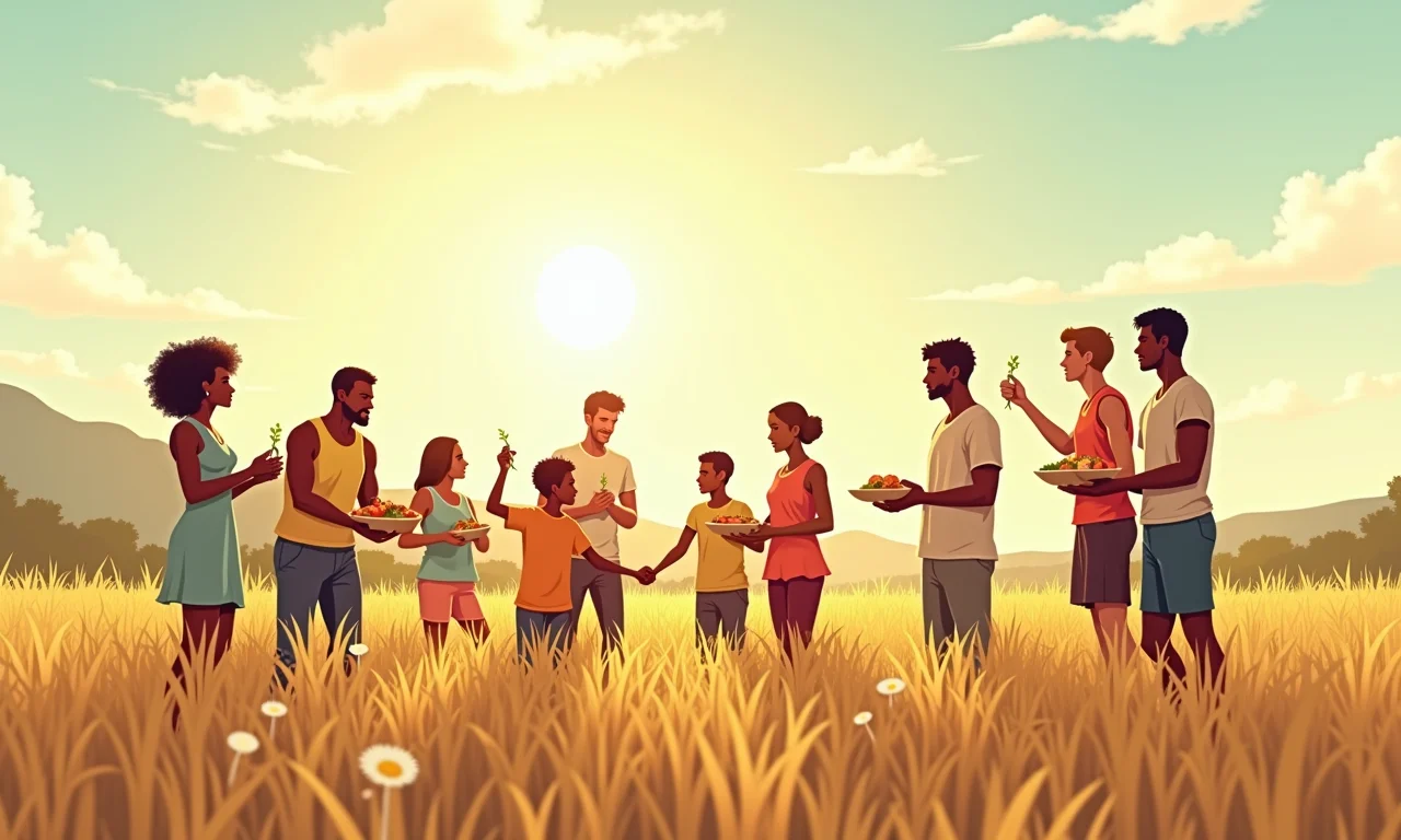 Comunidade utópica compartilhando refeição em campo ensolarado.