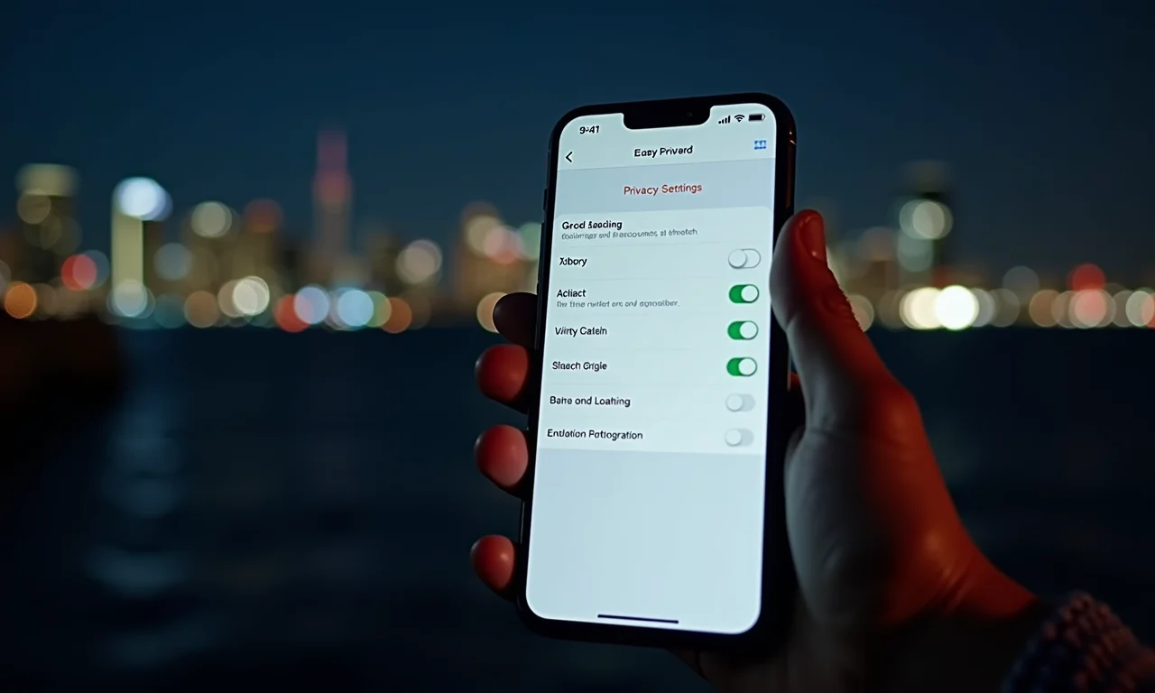 Configurações de privacidade no celular com permissões de localização em destaque.