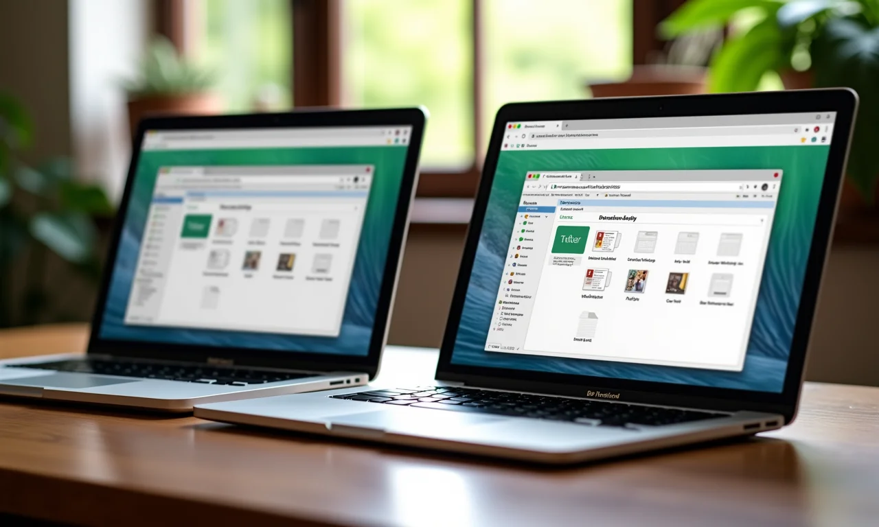 Conversão de formatos de arquivo exibida em dois laptops em uma mesa.