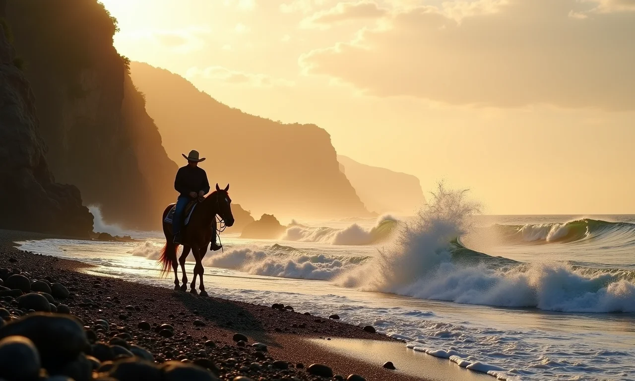 Costa dramática no Rio Grande do Sul, com gaúcho a cavalo, representando a beleza selvagem do Sul.
