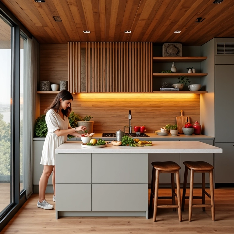 Cozinha estilosa com parede ripada e design prático.