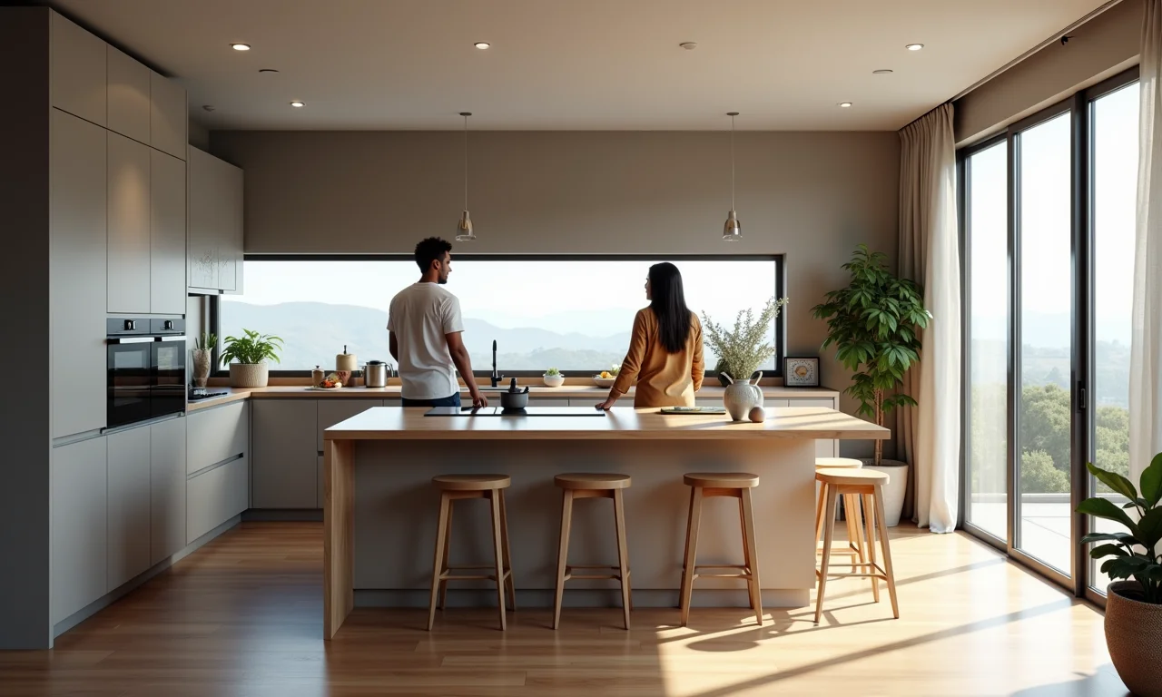 Cozinha modulada com armários planejados e eletrodomésticos modernos.