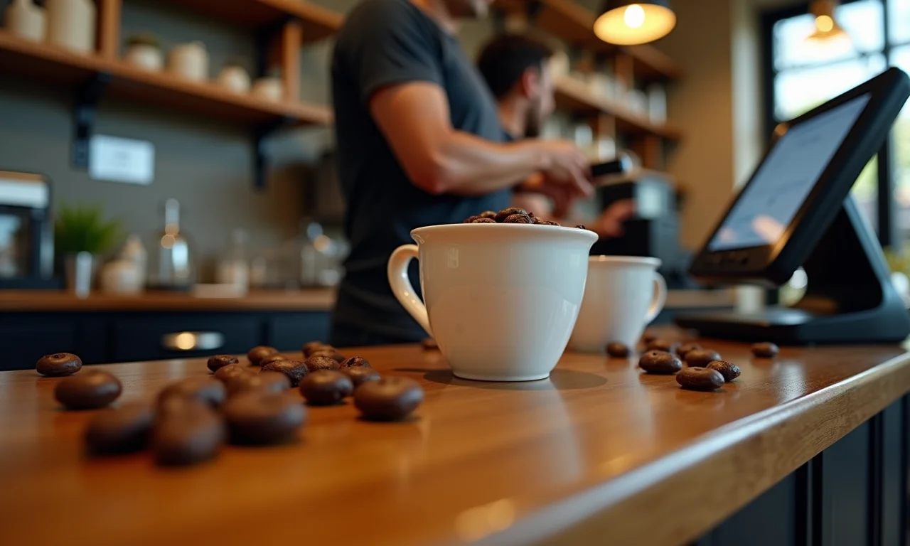 Cupom fiscal em balcão de cafeteria movimentada.