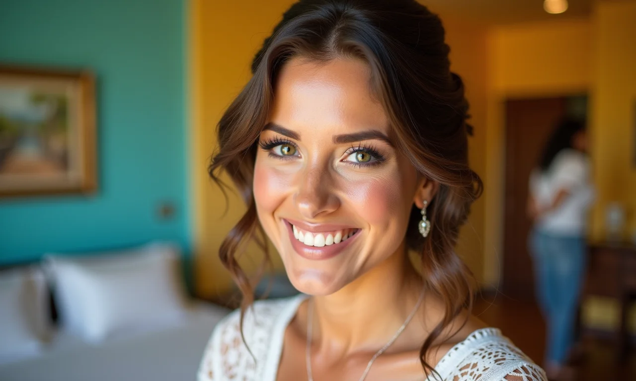 Dama de honra com cabelo solto e ondas naturais, sorrindo.