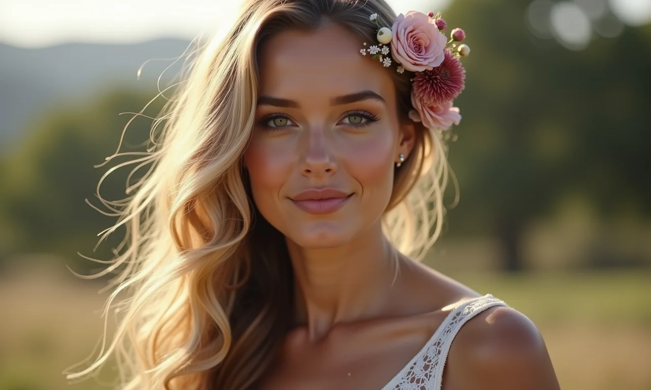 Dama de honra com cabelo solto e ondas naturais, usando acessório floral.