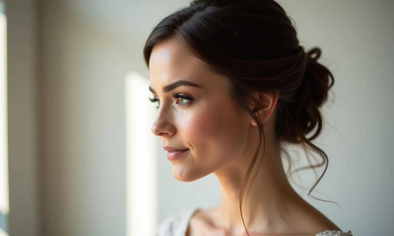 Dama de honra com coque clássico e trança lateral em casamento elegante.