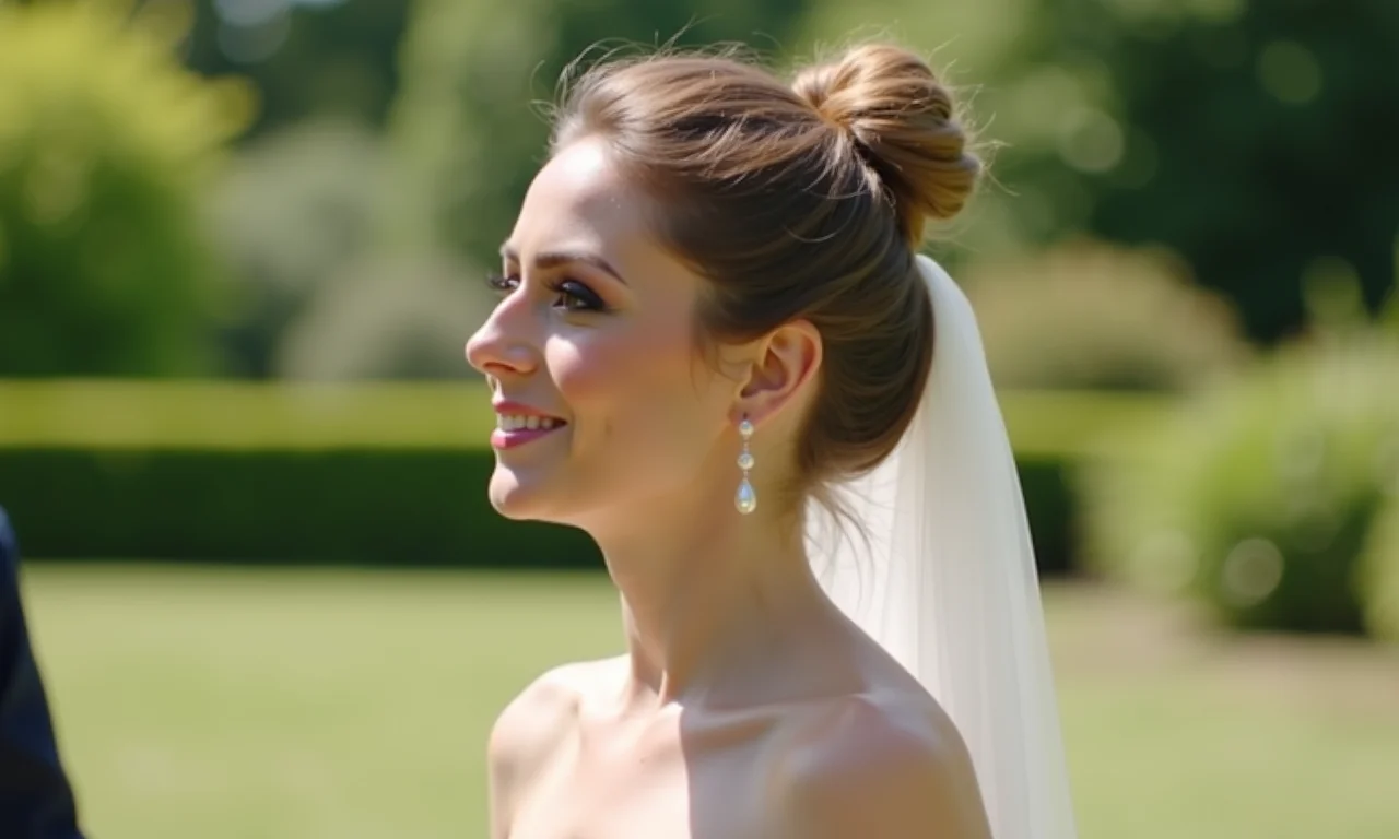 Dama de honra com rabo de cavalo elegante e maquiagem minimalista.