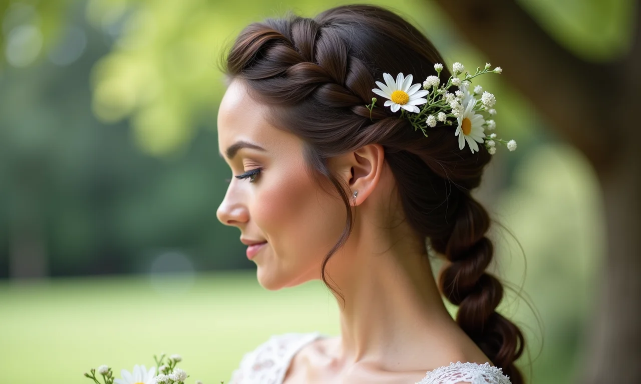 Dama de honra com tranças elaboradas e flores delicadas no cabelo.