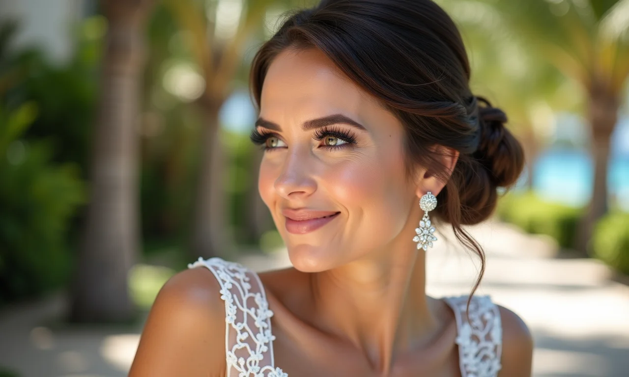 Dama de honra com um elegante coque clássico e joias delicadas.