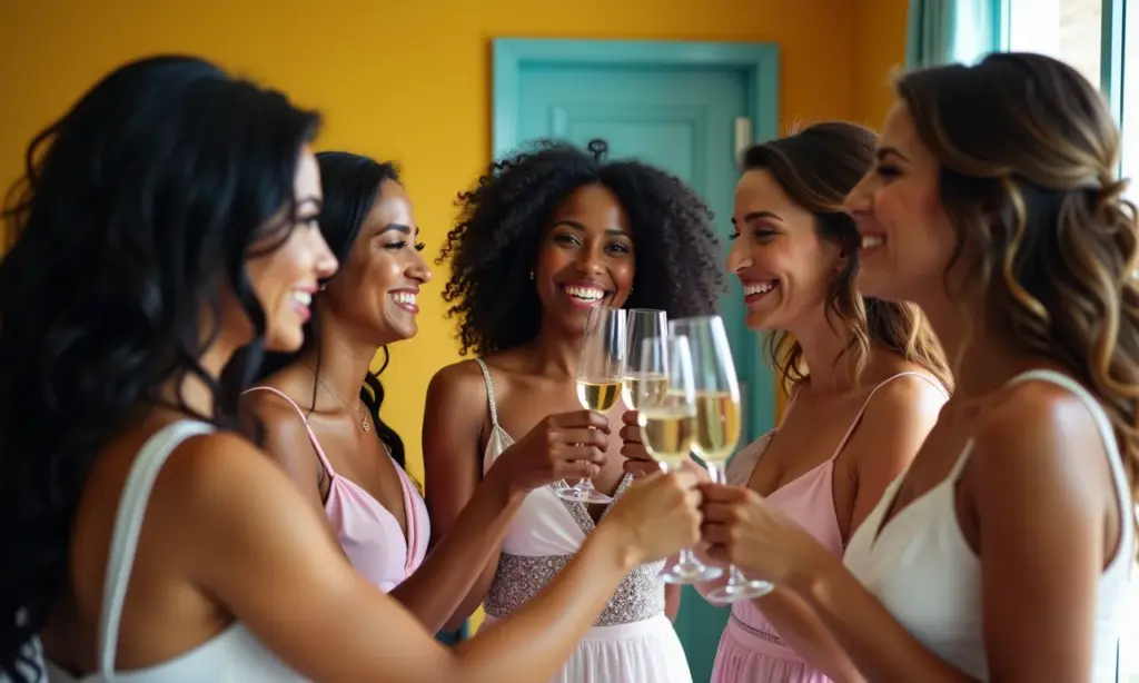 Penteados Para Damas de Honra: 25 Inspirações Damas de honra diversas brindando e se divertindo antes do casamento.