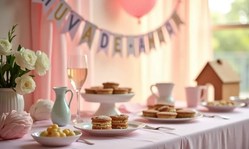 Festa Chuva de Amor: 20 Ideias de Decoração Delicada Decoração delicada de festa Chuva de Amor em tons pastel, com banner temático.