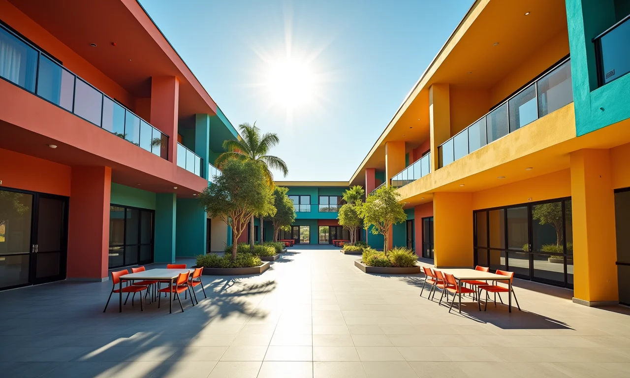 Design arquitetônico de uma escola brasileira moderna, representando a organização dos sistemas educacionais.