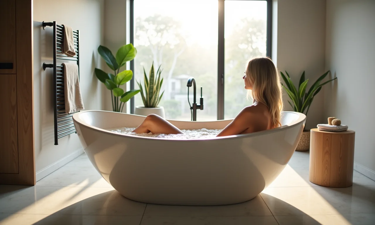 Design moderno de banheira de alvenaria, com iluminação natural e mulher relaxando.