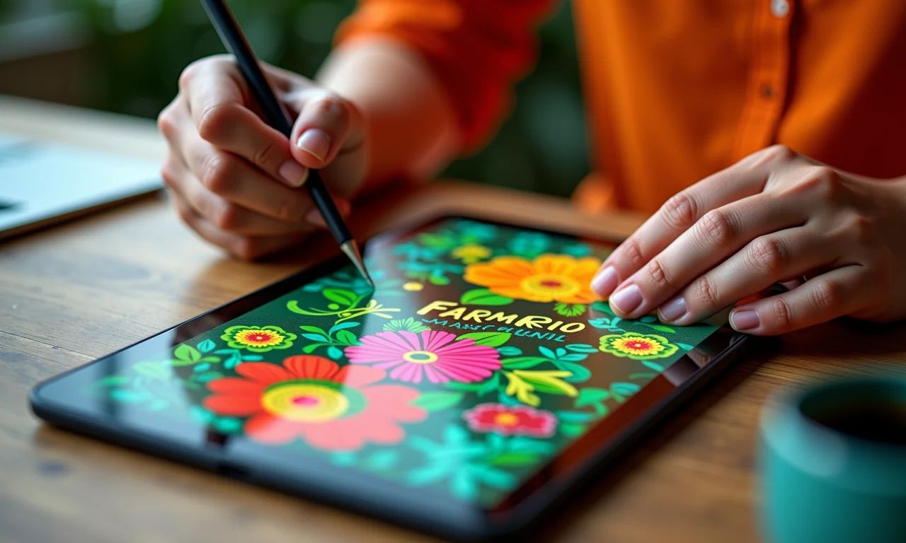 Designer gráfico trabalhando em um projeto visual vibrante com tablet e caneta.