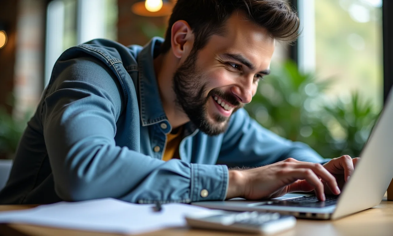 Designer trabalhando no código de um site responsivo com uma calculadora ao lado, demonstrando a redução de custos.